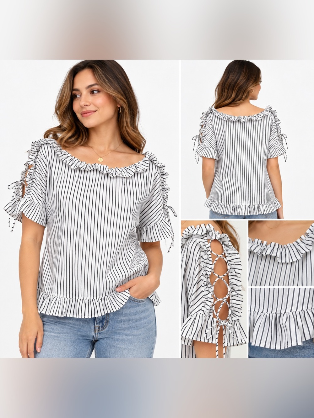 Madewell Black & White Striped Ruffle Tie-Sleeve Blouse